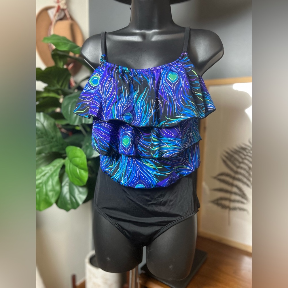 Robby Len Peacock Blue and Black One-Piece Swimsuit Vintage